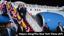 U.S. Vice President Kamala Harris and her husband Doug Emhoff arrive at Don Mueang International Airport in Bangkok, Thailand, on Nov. 17, 2022, to attend the Asia-Pacific Economic Cooperation summit. (Haiyun Jiang/The New York Times via AP Pool)