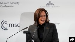 Vice President of the United States Kamala Harris speaks at the Munich Security Conference in Munich, Saturday, Feb. 18, 2023.