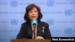 Noeleen Heyzer, Special Envoy of the Secretary-General on Myanmar, briefs reporters at UN Headquarters. မတ်လ(၁၆ ရက် ၂၀၂၃) (Photo: Screenshot UN TV)