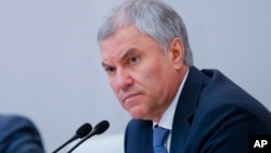 FILE - Vyacheslav Volodin, speaker of the lower house of the Russian parliament, is pictured at the parliament in Moscow, May 16, 2023.