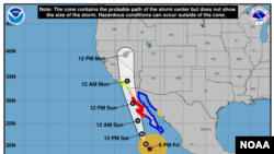 Hurricane Hilary intermediate advisory 10A from the National Hurricane Center. This graphic shows the coastal areas under a hurricane warning (red), hurricane watch (pink), tropical storm warning (blue) and tropical storm watch (yellow). 