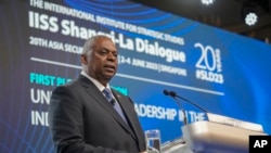 US Secretary of Defense Lloyd Austin speaks at the 20th International Institute for Strategic Studies Shangri-La Dialogue, Asia's annual defense and security forum, in Singapore, June 3, 2023.