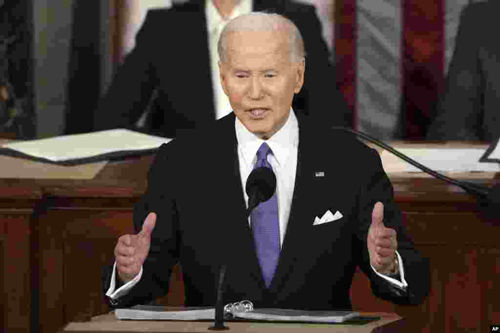 သမ္မတ Joe Biden အမေရိကန်လွှတ်တော်မှာ နိုင်ငံတော်အခြေပြမိန့်ခွန်းပြောကြားစဥ်။ (မတ်လ ၇၊ ၂၀၂၄) &nbsp;