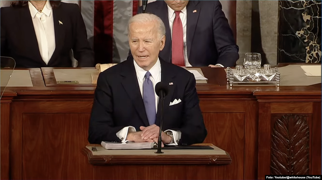 သမ္မတ Joe Biden အမေရိကန်လွှတ်တော်မှာ နိုင်ငံတော်အခြေပြမိန့်ခွန်းပြောကြားစဥ်။ (မတ်လ ၇၊ ၂၀၂၄) &nbsp;