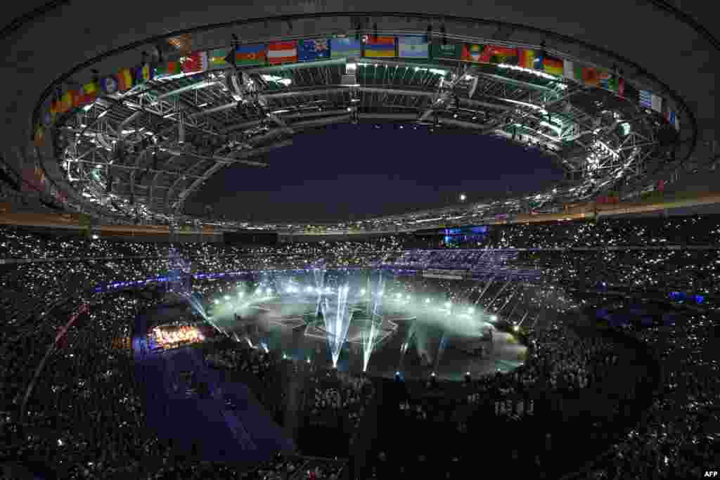 The Stade de France is lit up during the closing ceremony of the Paris 2024 Olympic Games in Saint-Denis, in the outskirts of Paris, Aug. 11, 2024. 