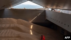 A crew member prepares a grain analysis onboard a ship coming from Ukraine loaded with grain and anchored in Istanbul, on Oct. 11, 2022.