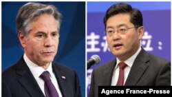 FILE - This combination photo shows U.S. Secretary of State Antony Blinken in Washington, Dec. 15, 2022, and then-director of the Foreign Ministry Information Department of China Qin Gang, now foreign minister, in Beijing, Dec. 25, 2013.