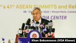 UN Secretary-General, António Guterres urges ASEAN member states cooperatively maintain peace in Myanmar, during a press conference at the ASEAN Summit in Phnom Penh, on November 12, 2022. (Khan Sokummono/VOA Khmer)