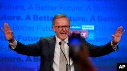 Labor Party leader Anthony Albanese speaks to supporters at a Labor Party event in Sydney, May 22, 2022, after Prime Minister Scott Morrison conceded defeat to Albanese in a federal election. 