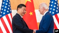 U.S. President Joe Biden, right, and Chinese President Xi Jinping shake hands before a meeting on the sidelines of the G-20 summit meeting, in Bali, Indonesia, Nov. 14, 2022.