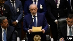 Brazil's new president Luiz Inacio Lula da Silva delivers a speech after swearing in during his inauguration ceremony at the National Congress in Brasilia, Jan. 1, 2023.