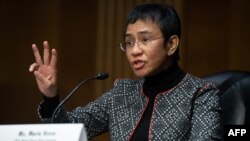 FILE - Maria Ressa, 2021 Nobel Peace Prize Laureate and co-founder of Rappler, testifies on 'The Assault on Freedom of Expression in Asia' during a US Senate Foreign Relations Subcommittee on East Asia, the Pacific, and International Cybersecurity hearing