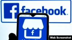 In this photo illustration, the Marketplace by Facebook icon is seen displayed on a smartphone screen with the Facebook logo in the background.