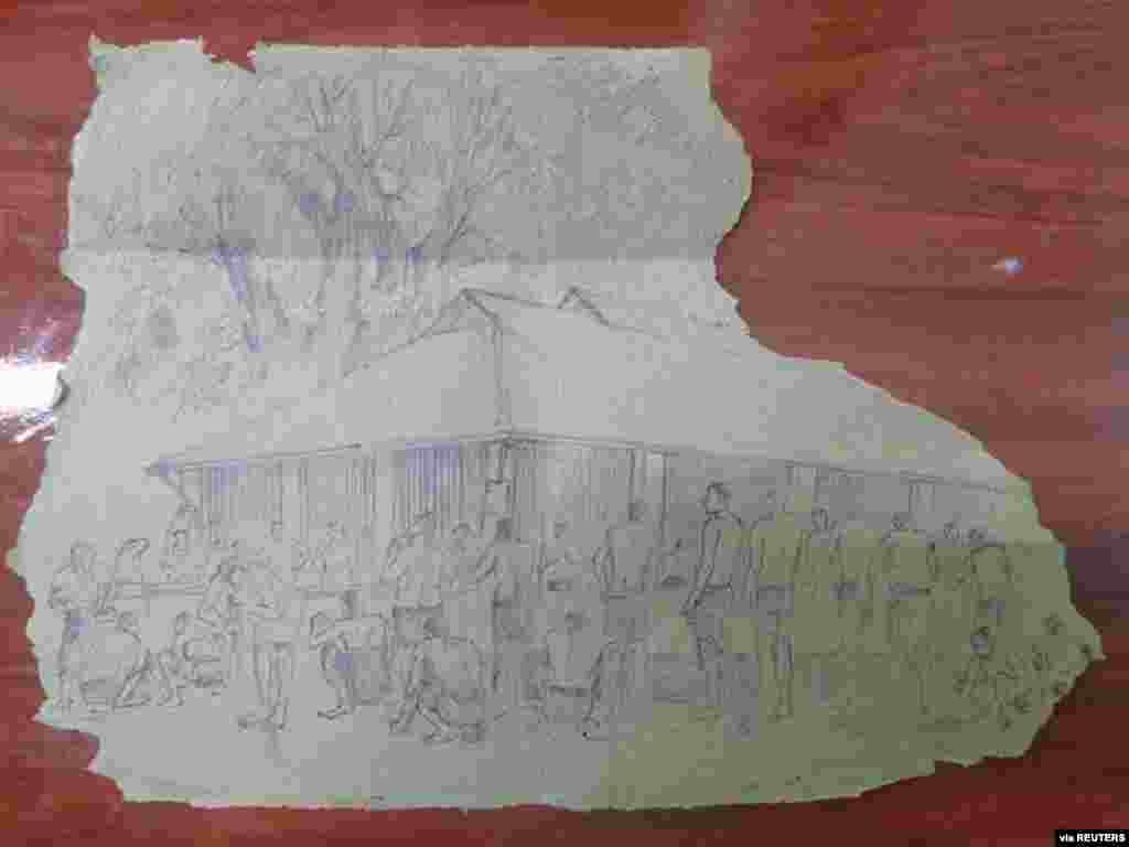 MYANMAR-POLITICS/PRISON -A smuggled sketch shows people inside of Myanmar&#39;s Insein prison with a written date April 17, 2021, in this undated picture obtained by REUTERS