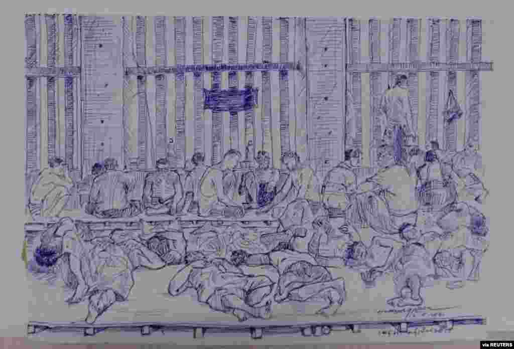 MYANMAR-POLITICS/PRISON -A smuggled sketch shows people inside of Myanmar&#39;s Insein prison with a written date April 17, 2021, in this undated picture obtained by REUTERS