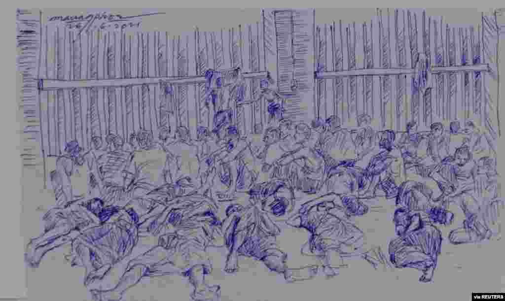 MYANMAR-POLITICS/PRISON -A smuggled sketch shows people inside of Myanmar&#39;s Insein prison with a written date April 17, 2021, in this undated picture obtained by REUTERS