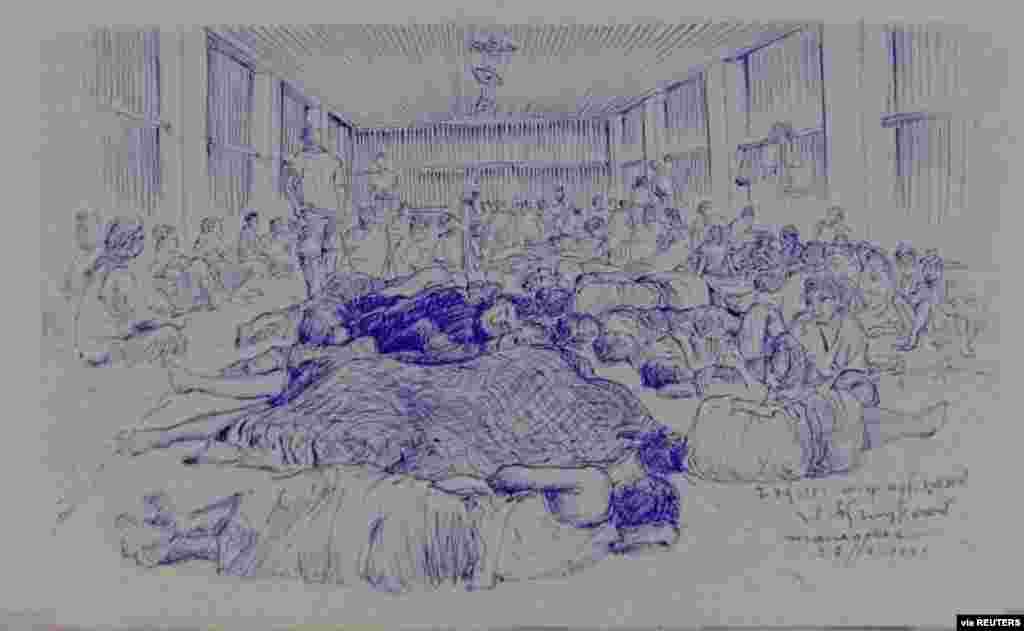 MYANMAR-POLITICS/PRISON -A smuggled sketch shows people inside of Myanmar&#39;s Insein prison with a written date April 17, 2021, in this undated picture obtained by REUTERS