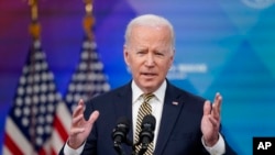 President Joe Biden speaks about additional security assistance that his administration will provide to Ukraine, in the South Court Auditorium on the White House campus in Washington, March 16, 2022.