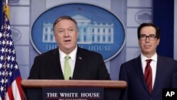  နိုင်ငံခြားရေးဝန်ကြီး Pompeo နှင့် အမေရိကန်ဘဏ္ဍာရေးဝန်ကြီး Steve Mnuchin တို့ အိမ်ဖြူတော်မှာ သောကြာနေ့ကပြုလုပ်တဲ့ သတင်းစာရှင်းလင်းပွဲ