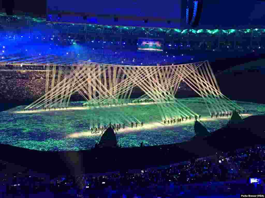 Lights flood the stage during the Rio Olympics' opening ceremonies in Maracana Stadium, Rio de Janeiro, Brazil, Aug. 5, 2016.