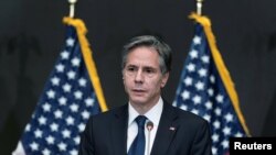 U.S. Secretary of State Antony Blinken speaks with reporters during a media availability in Amman, Jordan May 26, 2021. Alex Brandon/Pool via REUTERS