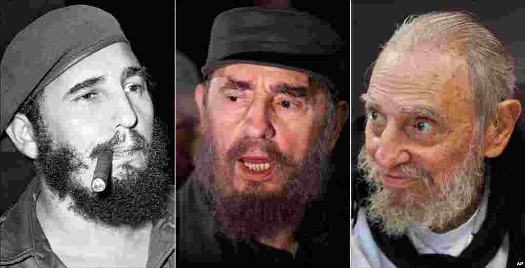 This combo of three file photos shows Fidel Castro, from left; smoking a cigar in Havana, Cuba, April 29, 1961; speaking to the media while on a mission to collect Elian Gonzales in Washington, D.C., April 6, 2000; and at his Havana home on Feb. 13, 2016.