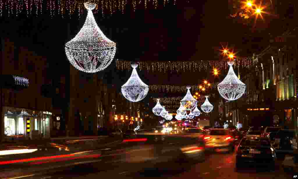 Rustaveli Avenue is decorated with illuminations for New Year celebrations in Tbilisi, Georgia, Dec. 24, 2104.