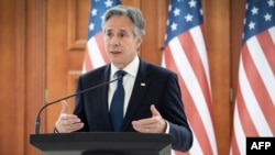 US Secretary of State Antony Blinken gestures as he speaks during a joint press conference with Moldova's President Maia Sandu (not pictured) at the Moldovan Presidential Palace in Chisinau, on May 29, 2024.