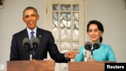 အမေရိကန်သမ္မတ Barack Obama နဲ့ ဒေါ်အောင်ဆန်းစုကြည်တို့ ၂၀၁၄ တုန်းက တွေ့ဆုံစဉ် 