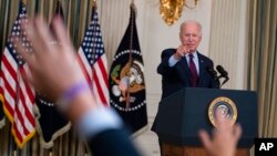 President Joe Biden delivers remarks on the debt ceiling during an event in the State Dining Room of the White House, Oct. 4, 2021.