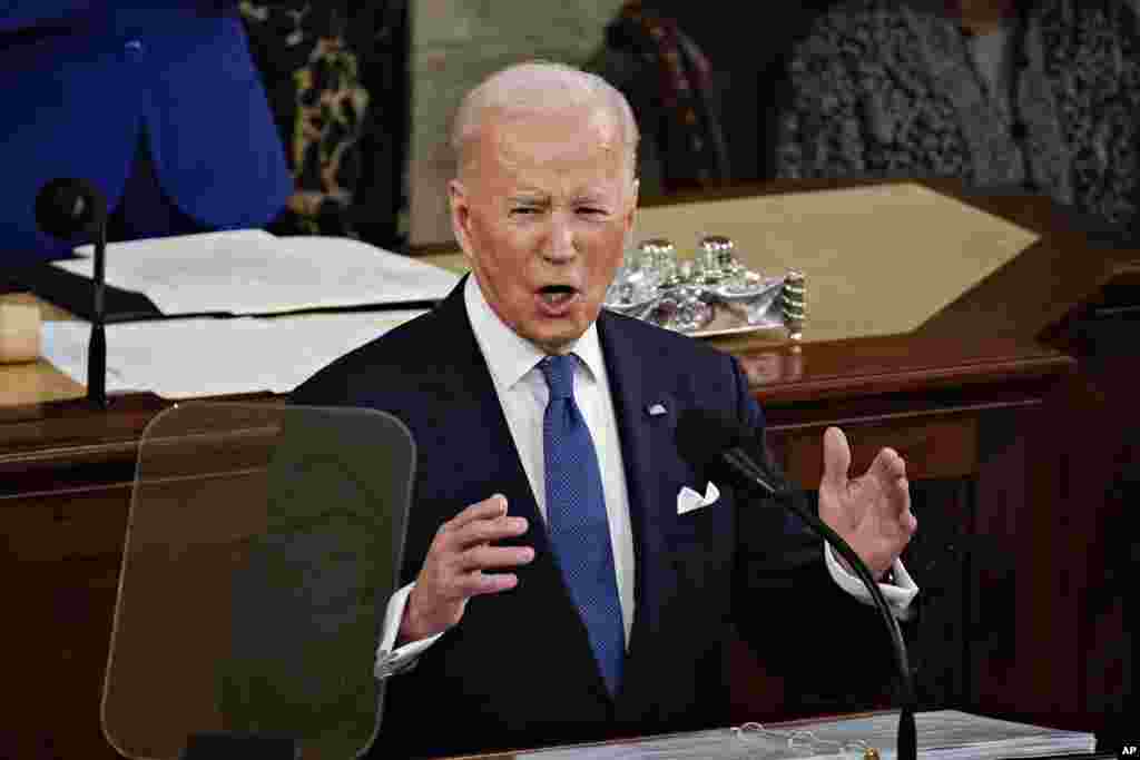 သမ္မတ Joe Biden အမေရိကန်လွှတ်တော်မှာ နိုင်ငံတော်အခြေပြမိန့်ခွန်းပြောကြားစဥ်။ (မတ်လ ၇၊ ၂၀၂၄) &nbsp;