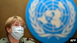 United Nations High Commissioner for Human Rights Michelle Bachelet delivers a speech on global human rights developments during a session of the Human Rights Council on June 21, 2021 in Geneva