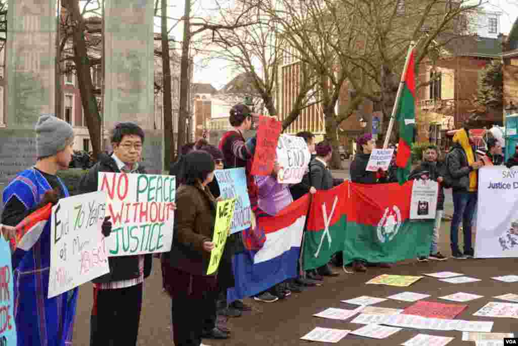 Kachin &amp; Karen organizations joined protests with Rohingya groups . Around 100 people outside in total.