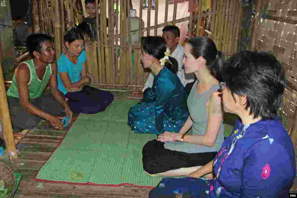 Daw Aung San Suu Kyi and Hollywood atress Angelina Jolie Pitt, United Nations High Commissioner for Refugees special envoy and co-founder of the Preventing Sexual Violence Initiative,visits Yangon, Hlaing Tharyar industrial area to study female workers a