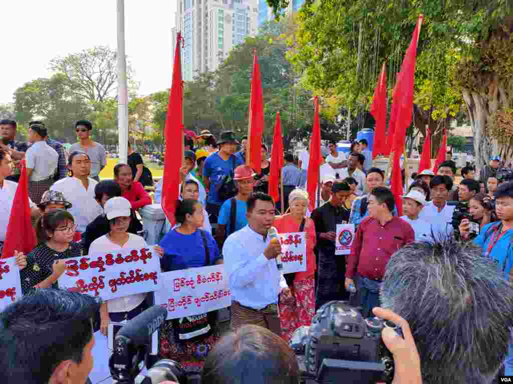 Activists stage a protest near City Hall in Myanmar&#39;s commercial city Yangon, calling for transparency in business ties with China on Saturday January 18, 2020