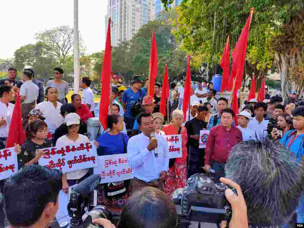 Activists stage a protest near City Hall in Myanmar&#39;s commercial city Yangon, calling for transparency in business ties with China on Saturday January 18, 2020