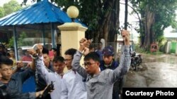 Detained journalists are seen here in their first trialin Hsi Paw. (Phot Credit: Myint Thein)