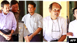 Photos show Kyi Lin (above left), Aung Win Zaw (above right), Zeya Phyo (bottom left) and Aung Win Tun (bottom right) escorted by police at the court in Yangon. – PHOTOS: AFP