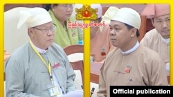 ဒီမိုကရေစီ ပညာရေးကိစ္စ မေးခွန်းထုတ်ဆွေးနွေးနေတဲ့ ကောလင်း မဲဆန္ဒနယ်က လွှတ်တော်အမတ် ဦးမျိုးဇော်အောင် (ယာ)၊ ပြည်ထောင်စုရွေးကောက်ပွဲကော်မရှင်အဖွဲ့ဝင် ဦးအောင်မြင့် (ဝဲ)