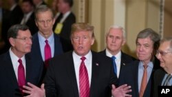 Prezidan Donald Trump akonpaye ak Vis prezidan Mike Pence, ak plizyè lòt palmantè repibliken pale ak laprès apre yon rankont nan Kongrè a, apre sa lidè li te al chita pale ak Demokrat yo nan Lamezon Blanch, yon rankont ki pat abouti ak anyen. 9/01/19. (Foto: AP/Alex Brand