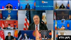 အမေရိကန် နိုင်ငံခြားရေး ဝန်ကြီး Mike Pompeo က အရှေ့တောင် အာရှ နိုင်ငံများ အဖွဲ့ (ASEAN) နိုင်ငံတွေနဲ့အစည်းအဝေးကျင်းပစဉ်