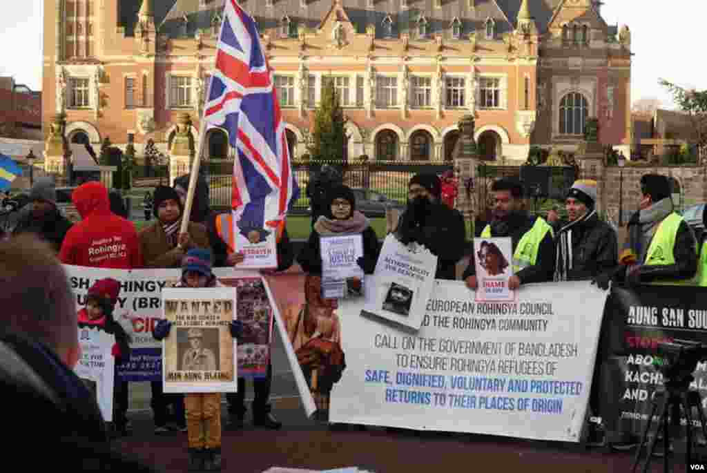 Kachin &amp; Karen organizations joined protests with Rohingya groups . Around 100 people outside in total.