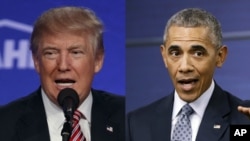 From left, Republican presidential candidate Donald Trump and President Barack Obama. Twice this week, Trump accused the president of founding the militant group Islamic State.