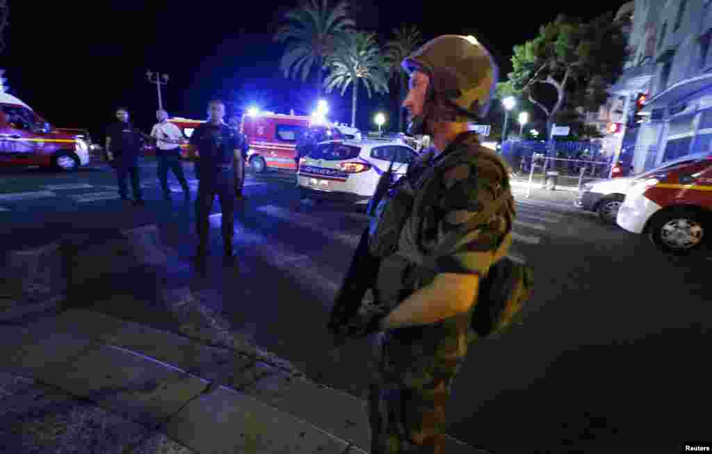 French soldiers cordon the area where the truck ran into the crowd.