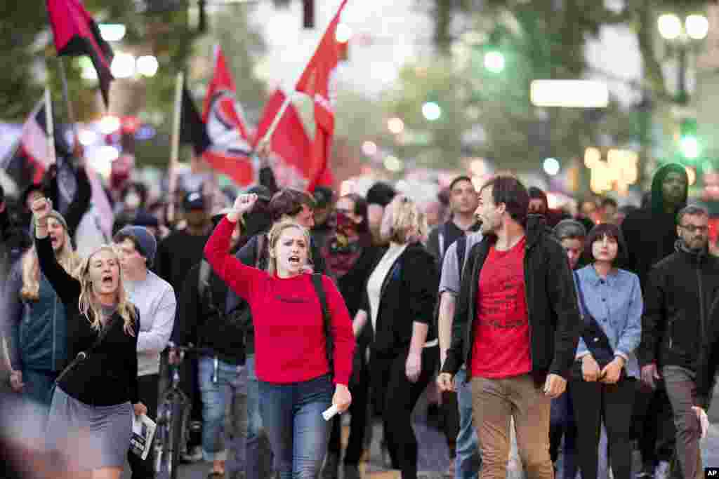 Protesters against racism march through Oakland, California, Aug. 12, 2017.